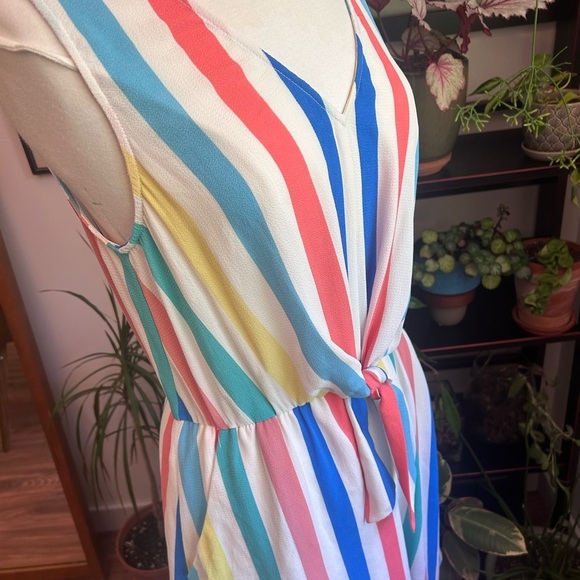 Striped V-Neck Multi Colored Mini Dress with Lining, Tie and Two Pockets Large - Picture 2 of 8